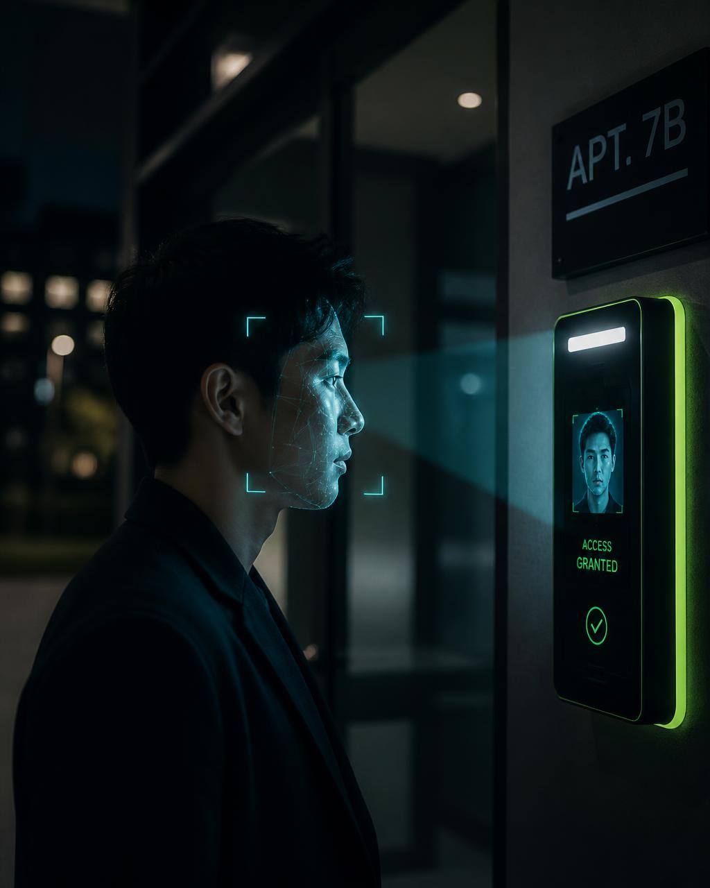 Resident granted entry by face recognition at an apartment door