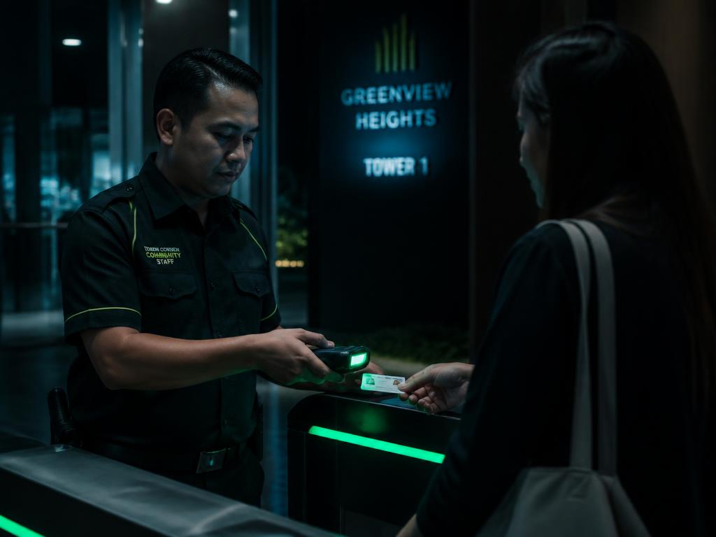 Community staff member scanning an ID card at a tower entrance